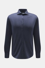Brunello Cucinelli Jersey shirt shark collar dark blue striped, front view, regular fit with classic pinstripe, button placket, sport cuff, soft wool blend.