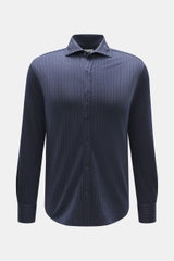 Brunello Cucinelli Jersey shirt shark collar dark blue striped, front view, regular fit with classic pinstripe, button placket, sport cuff, soft wool blend.