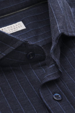 Brunello Cucinelli Jersey shirt shark collar dark blue striped shown from close-up top front, featuring pinstripe pattern, button placket, sport cuff. Clean essential first choice: Lovers of quiet luxury are well equipped with this timeless pinstripe shir