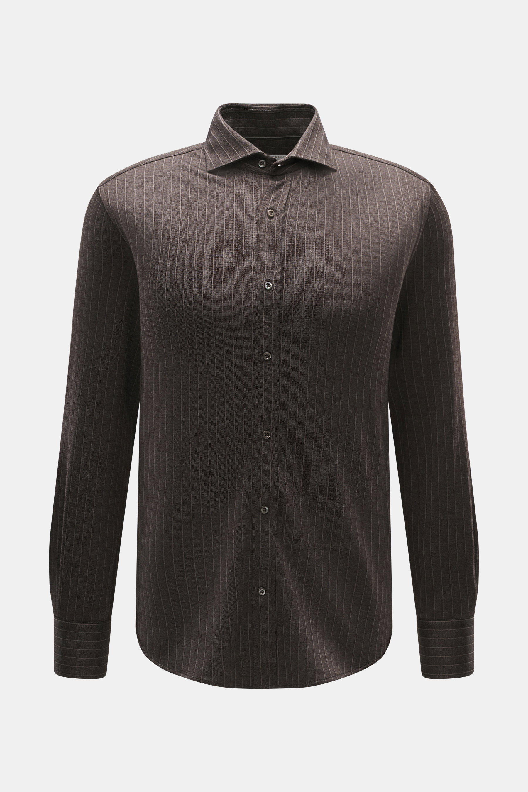 Brunello Cucinelli Jersey-Hemd Haifisch-Kragen graubraun gestreift, Nadelstreifen, Regular Fit, Sportmanschette, Woll-Mix, frontal fotografiert.