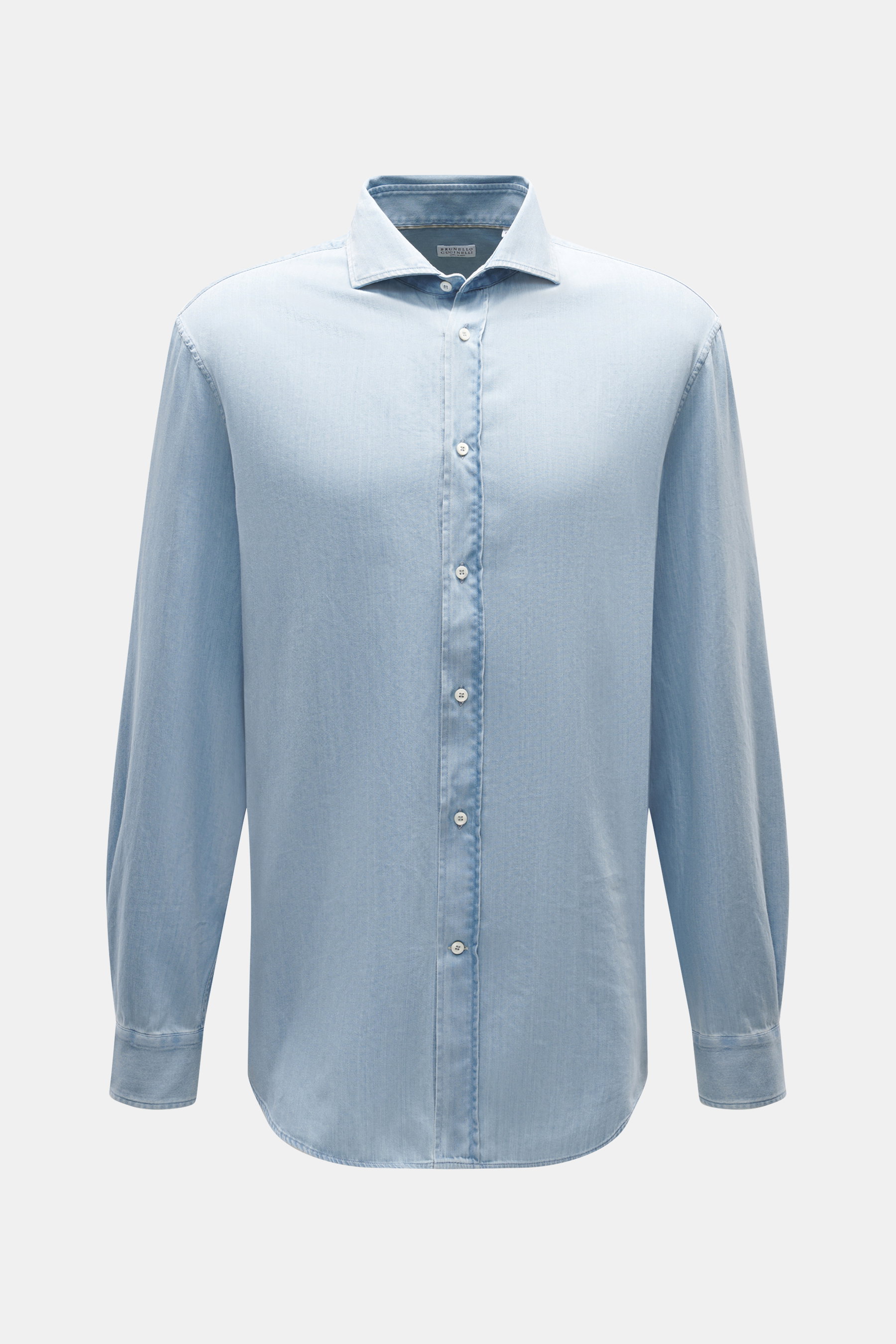 Front view of Brunello Cucinelli Casual Shirt Shark Collar Light Blue, pure cotton, fine twill structure, soft touch, regular fit, shark collar, patched button placket, classic sport cuff, rounded hemline.