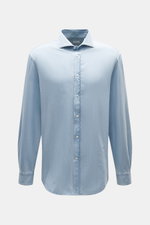 Front view of Brunello Cucinelli Casual Shirt Shark Collar Light Blue, pure cotton, fine twill structure, soft touch, regular fit, shark collar, patched button placket, classic sport cuff, rounded hemline.