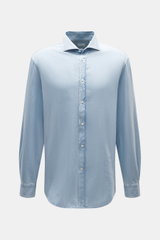 Front view of Brunello Cucinelli Casual Shirt Shark Collar Light Blue, pure cotton, fine twill structure, soft touch, regular fit, shark collar, patched button placket, classic sport cuff, rounded hemline.