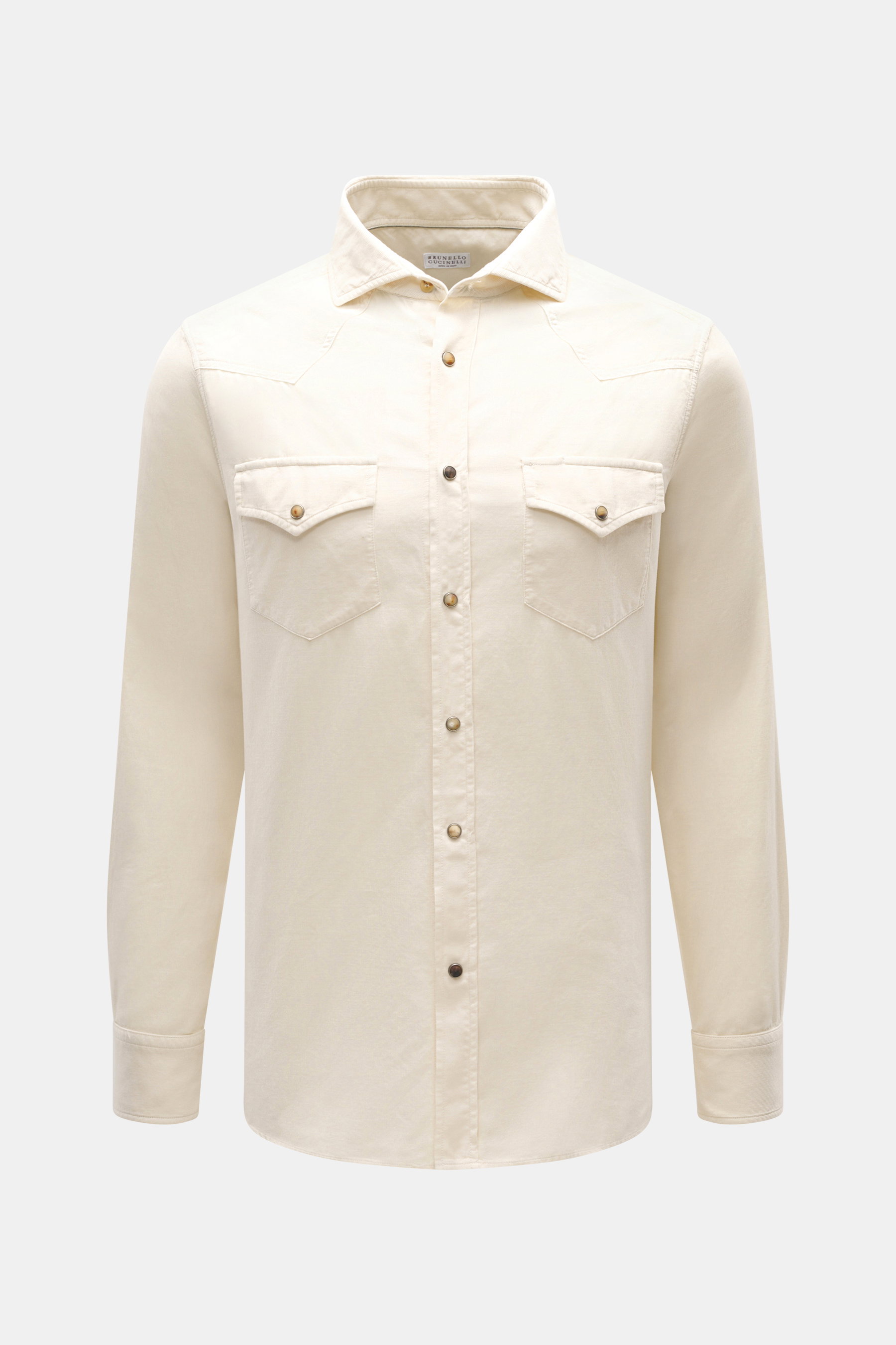 Front view of Brunello Cucinelli Cord Shirt Shark Collar Cream, a slim fit corduroy shirt in soft pure cotton with western yoke, shark collar, snap buttons, and patch breast pockets.
