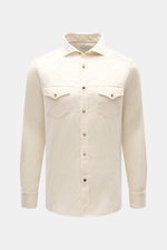 Front view of Brunello Cucinelli Cord Shirt Shark Collar Cream, a slim fit corduroy shirt in soft pure cotton with western yoke, shark collar, snap buttons, and patch breast pockets.