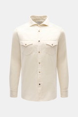 Front view of Brunello Cucinelli Cord Shirt Shark Collar Cream, a slim fit corduroy shirt in soft pure cotton with western yoke, shark collar, snap buttons, and patch breast pockets.