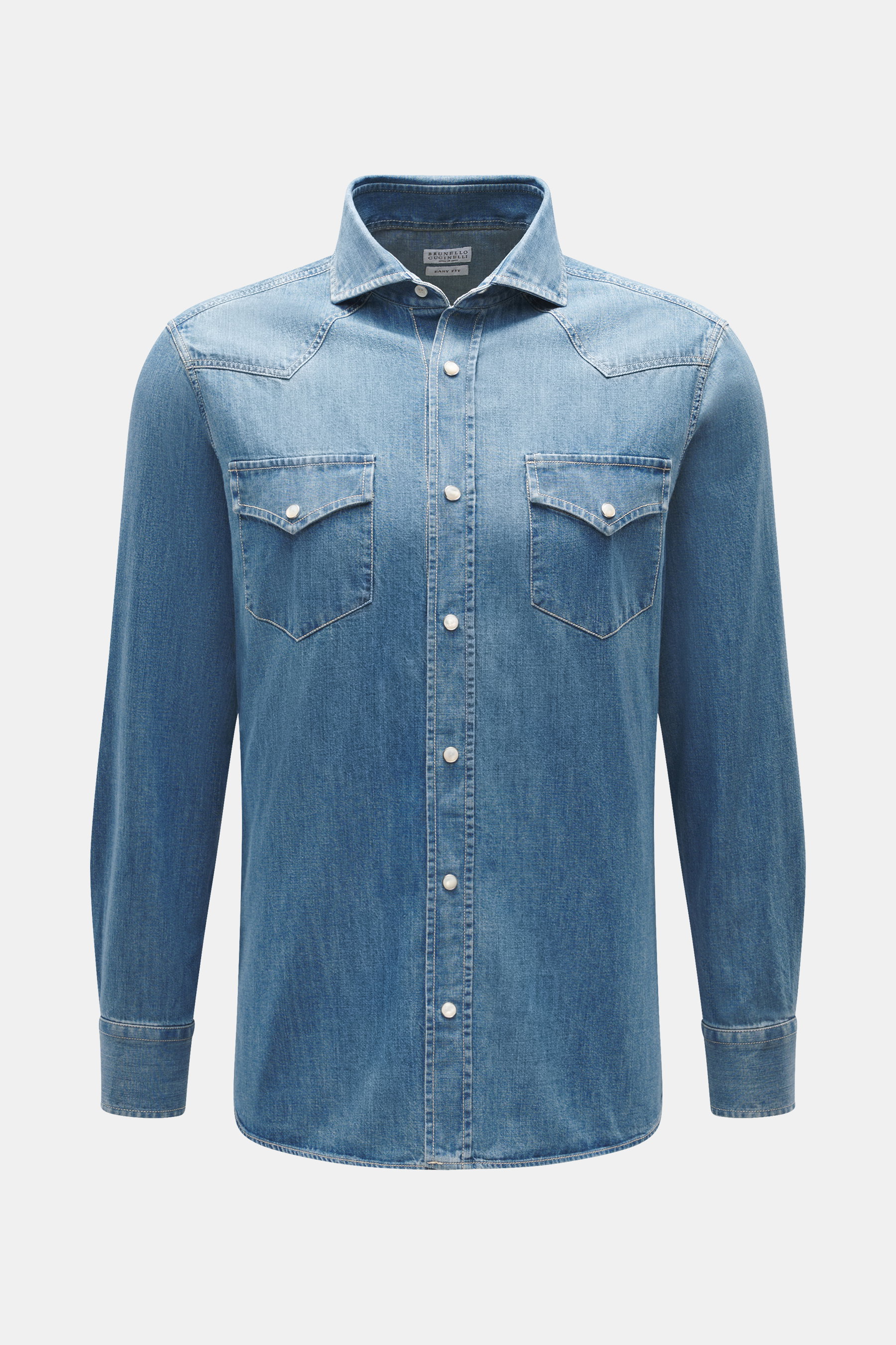 Front view of the Brunello Cucinelli Denim Shirt Shark Collar Smoke Blue, made of pure cotton with a slightly textured quality, slim fit, shark collar, patch chest pockets with curved flap, patch snap button placket, classic sport cuff, Western-style shou