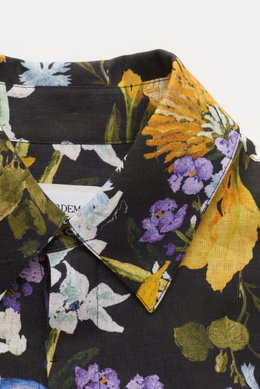 Erdem Linen short sleeve shirt 'Felipe' Kent collar black/yellow/purple patterned