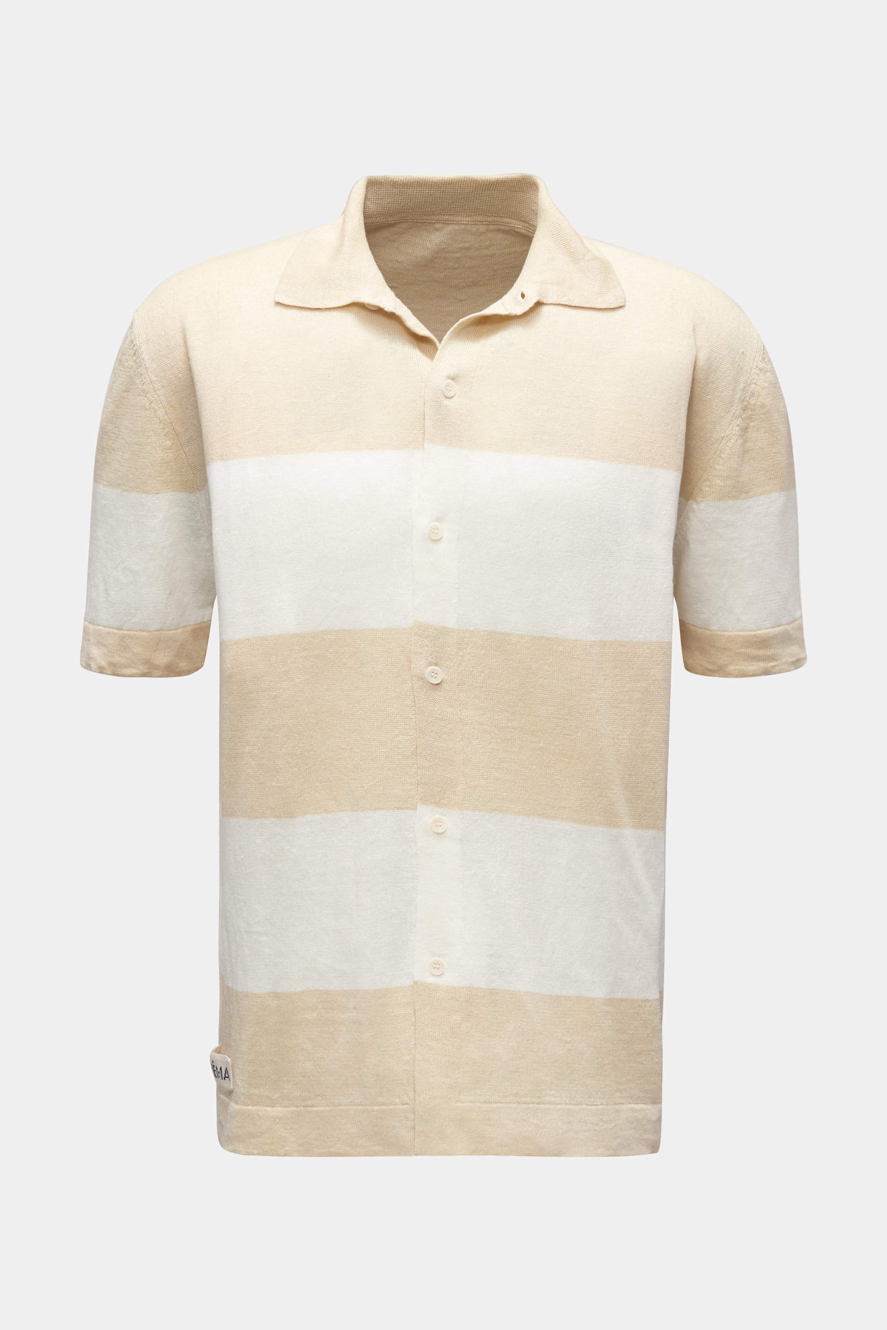 Matéma Leinen-Kurzarm-Strickhemd schmaler Kragen beige/weiß gestreift