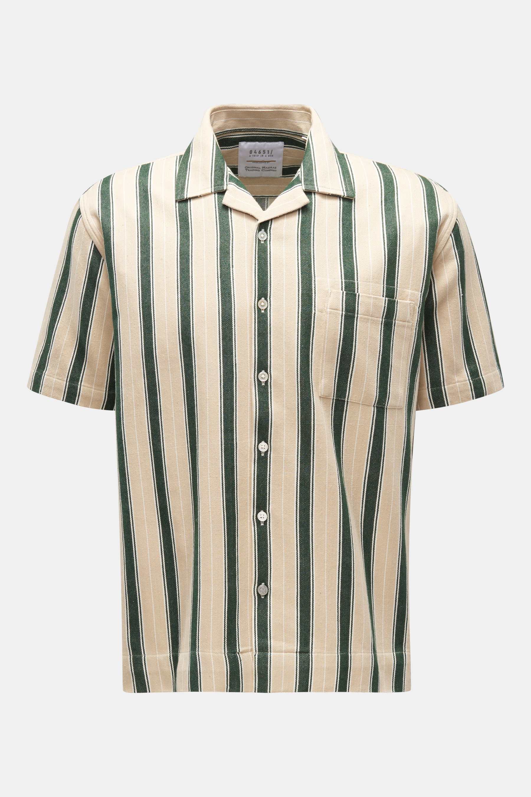 Kurzarmhemd 'Madras Cuba' Kubanischer Kragen beige/dunkelgrün gestreift