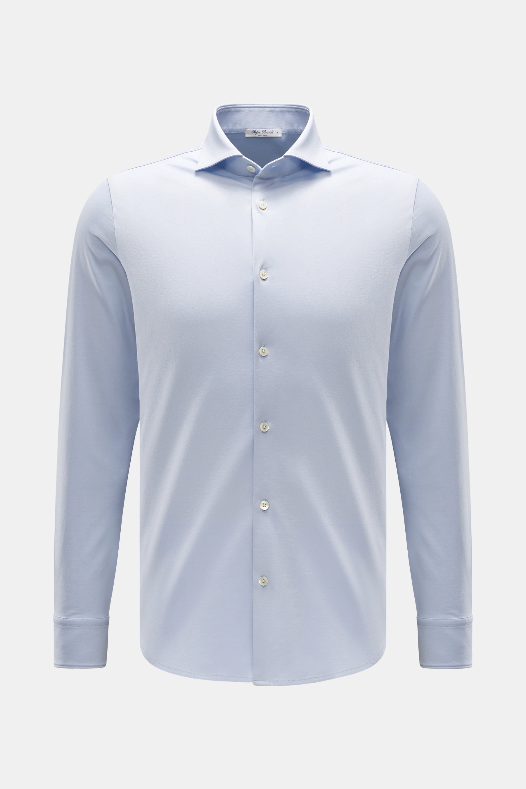 Stefan Brandt Jersey-Hemd 'Otis' Haifisch-Kragen hellblau, Slim Fit, reine Pima-Baumwolle, Perlmuttknöpfe, Sportmanschette, gerundeter Saum, Frontansicht.