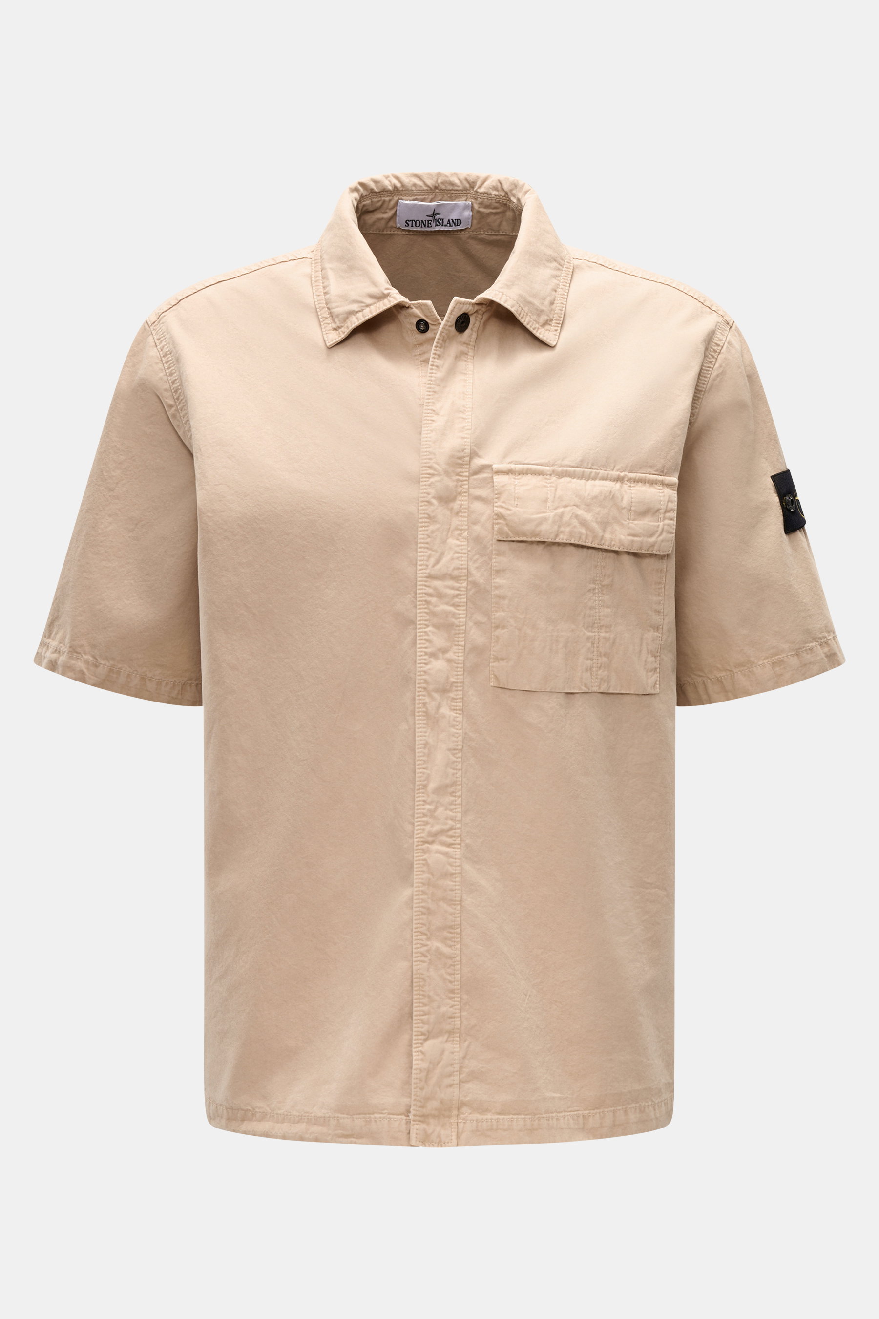 Stone Island Short sleeve shirt 'Brushed Canvas' Kent collar beige, front view, pure organic cotton, relaxed fit, garment-dyed, soft feel, concealed snap button closure, patch breast pocket with buttoned flap, compass badge on upper sleeve, straight hem, 