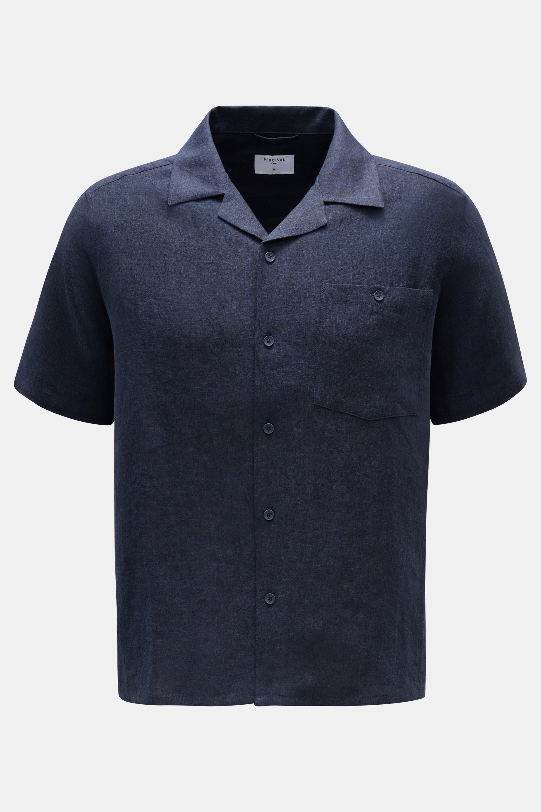 Percival Kurzarmhemd Kubanischer Kragen navy, frontale Ansicht, reines Leinen, leichte griffige Qualität, Regular Fit, glatte Knopfleiste, Brusttasche.