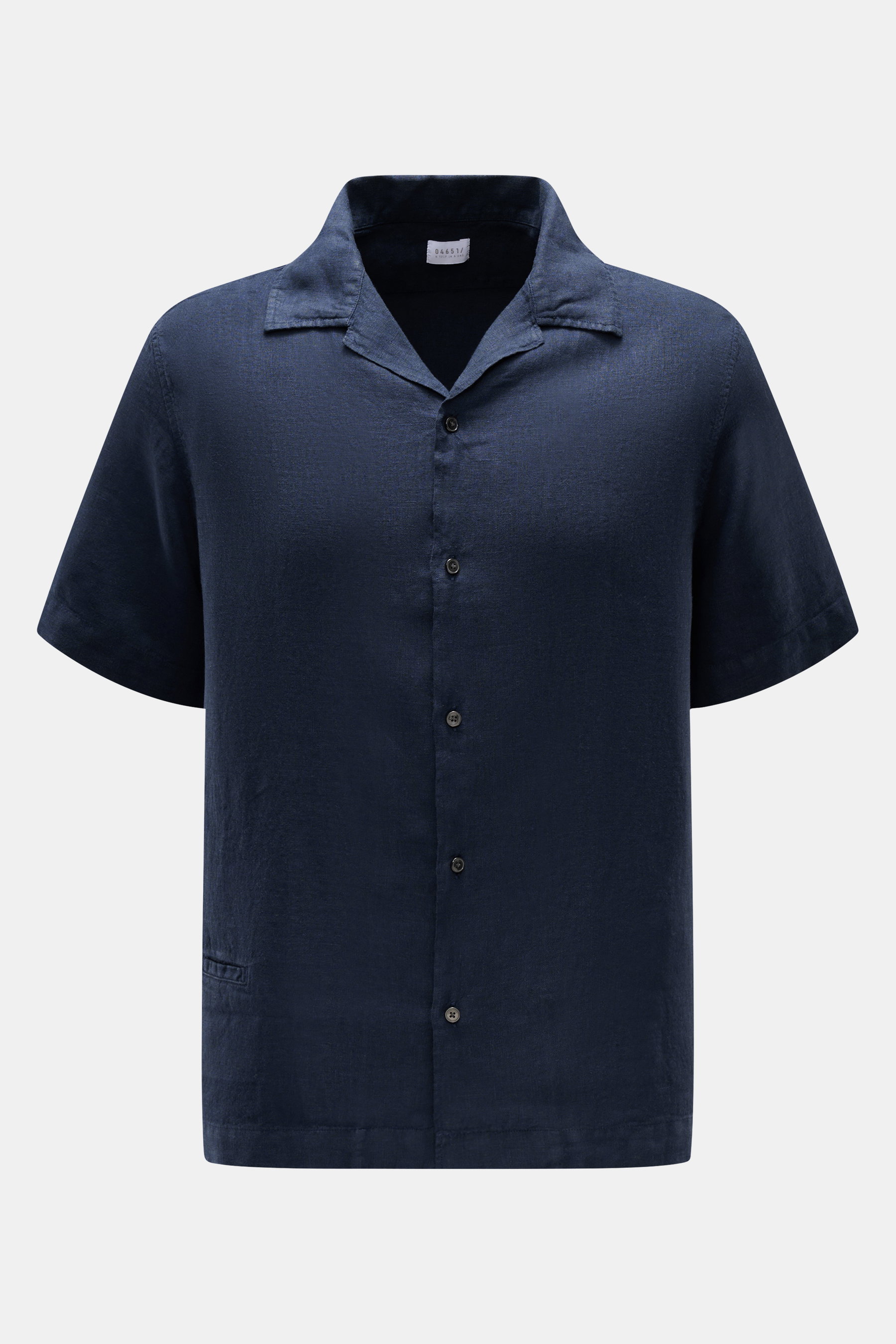 Front view of the 04651/ A trip in a bag Linen short sleeve shirt Cuban collar navy, featuring pure linen fabric, airy lightweight texture, classic Cuban collar, French button placket, small coin pocket, woven side label, straight hem, and short hem vents