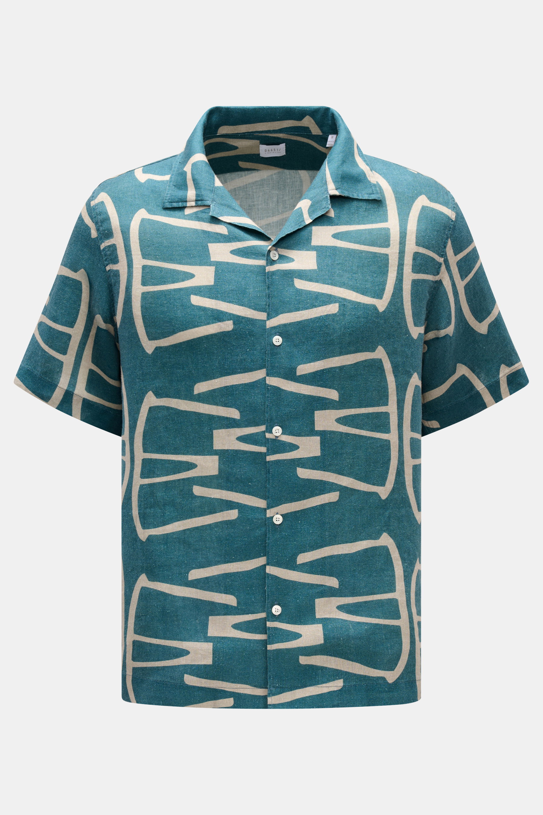 Front view of the 04651/ A trip in a bag Leinen-Kurzarmhemd Kubanischer Kragen taupe/rot gemustert, a retro and lightweight short-sleeve linen shirt with an abstract taupe and red print, featuring a Cuban collar, French button placket, regular fit, materi