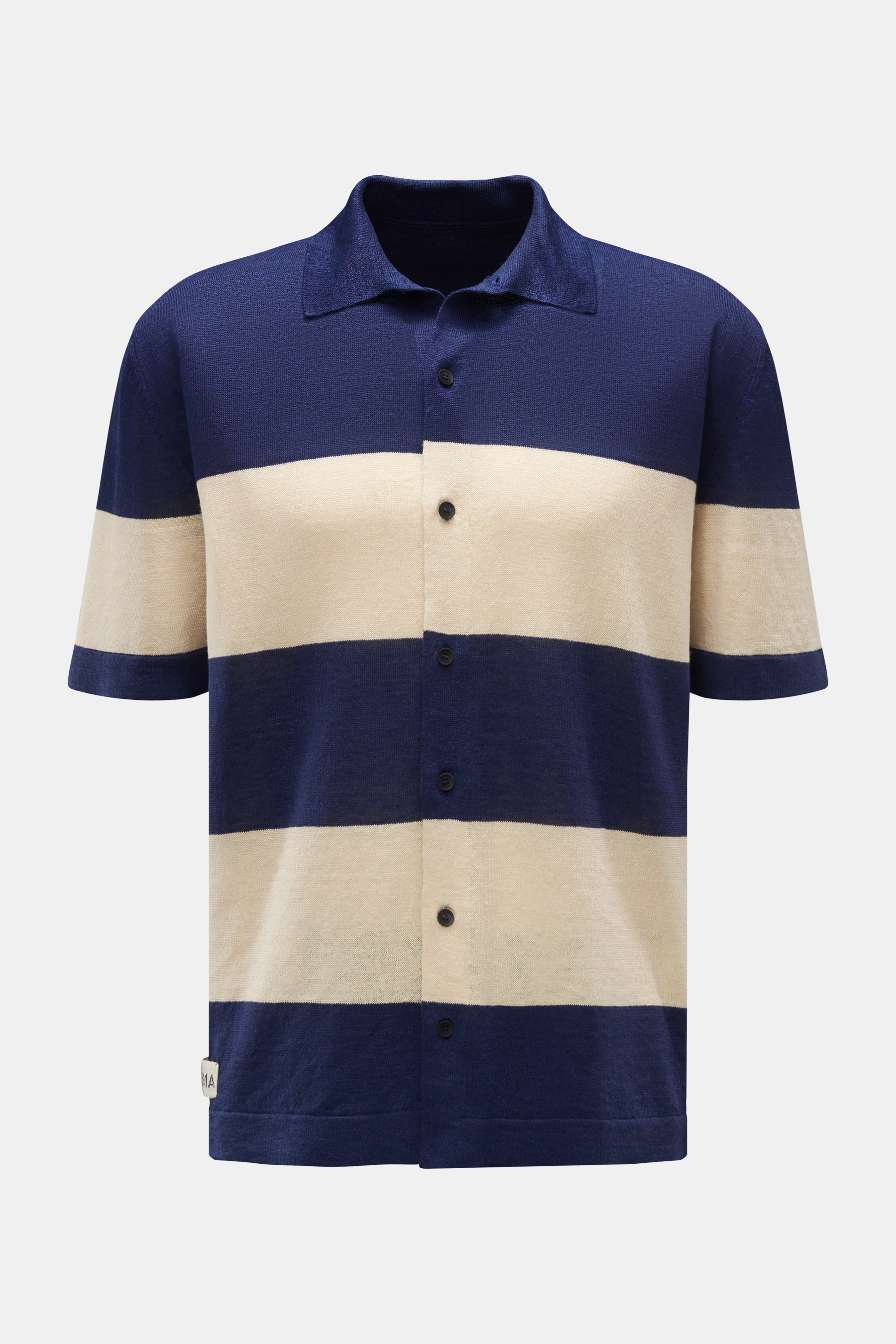 Matéma Leinen Kurzarm-Strickhemd navy/beige gestreift