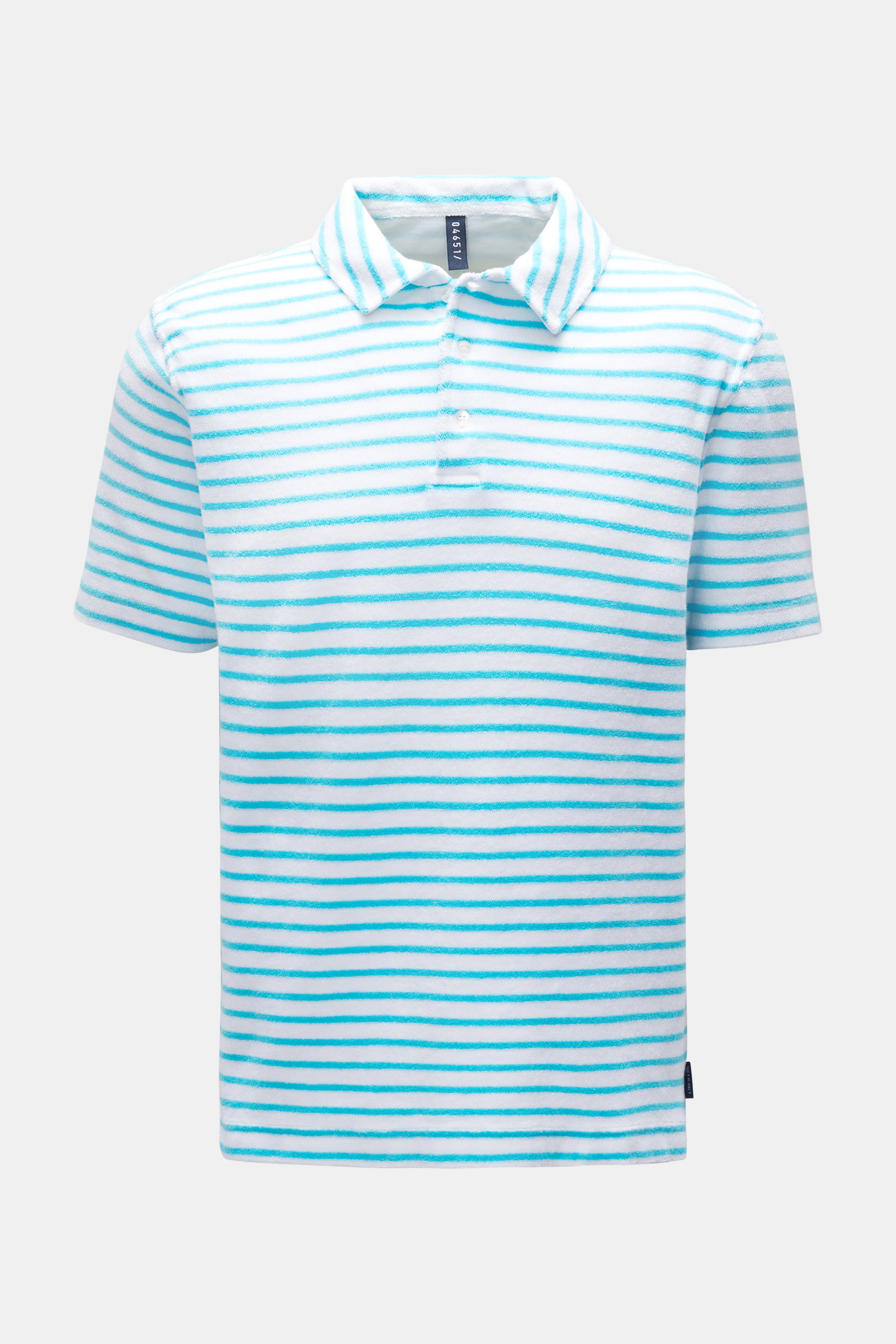 04651/ A trip in a bag Frottee-Poloshirt 'Terry Stripe Polo' türkis/weiß gestreift, Slim Fit, weicher Frottee, frontale Ansicht.