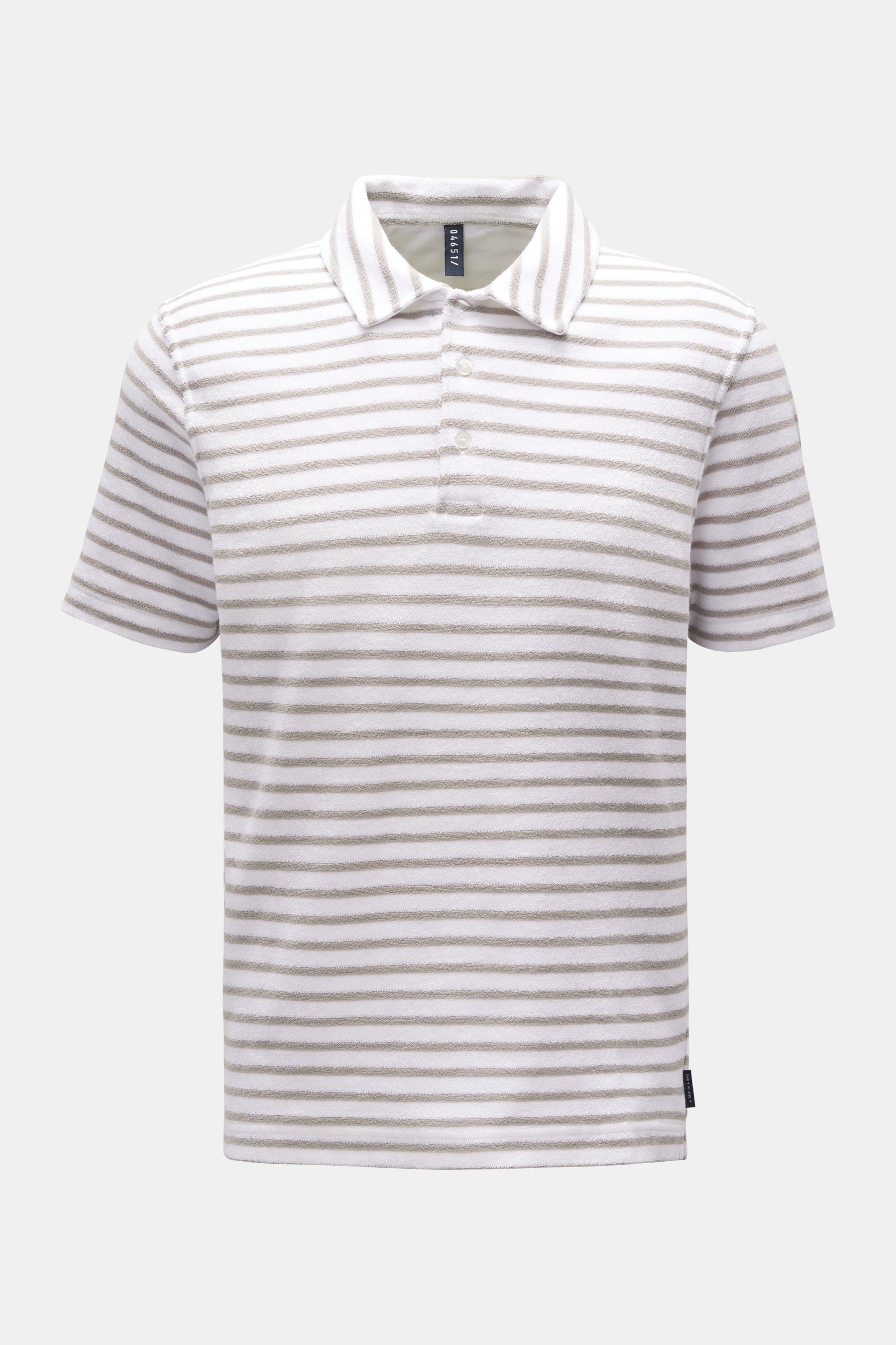 04651/ A trip in a bag Frottee-Poloshirt 'Terry Stripe Polo' grau/weiß gestreift, Slim Fit, weicher Griff, Polokragen, 3-Knopf-Leiste, frontale Ansicht.