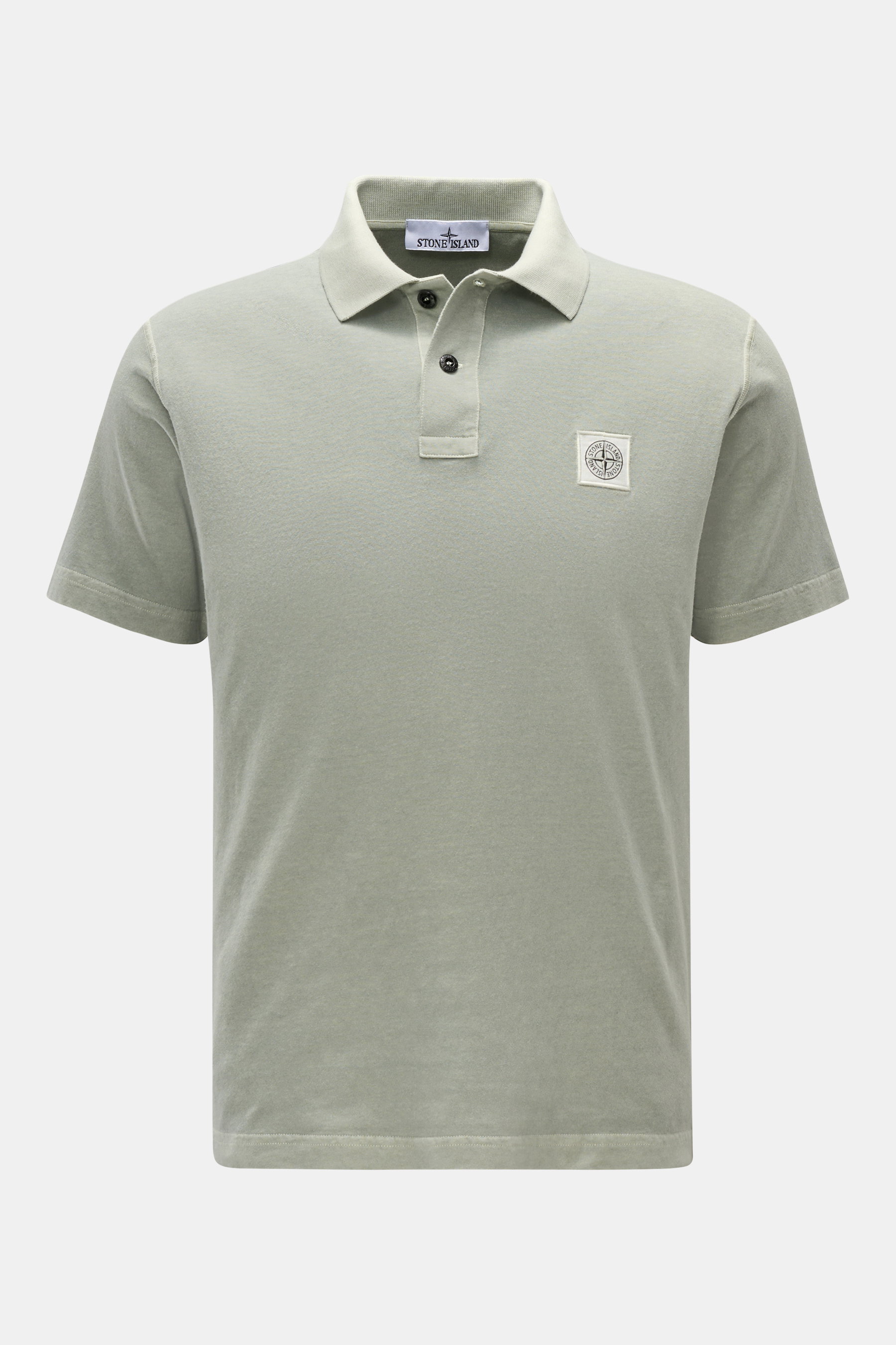 Stone Island Jersey-Poloshirt graugrün meliert, Slim Fit, aus weichem Baumwoll-Jersey, garment dyed, Polokragen, Knopfleiste, Weblabel, Frontansicht.