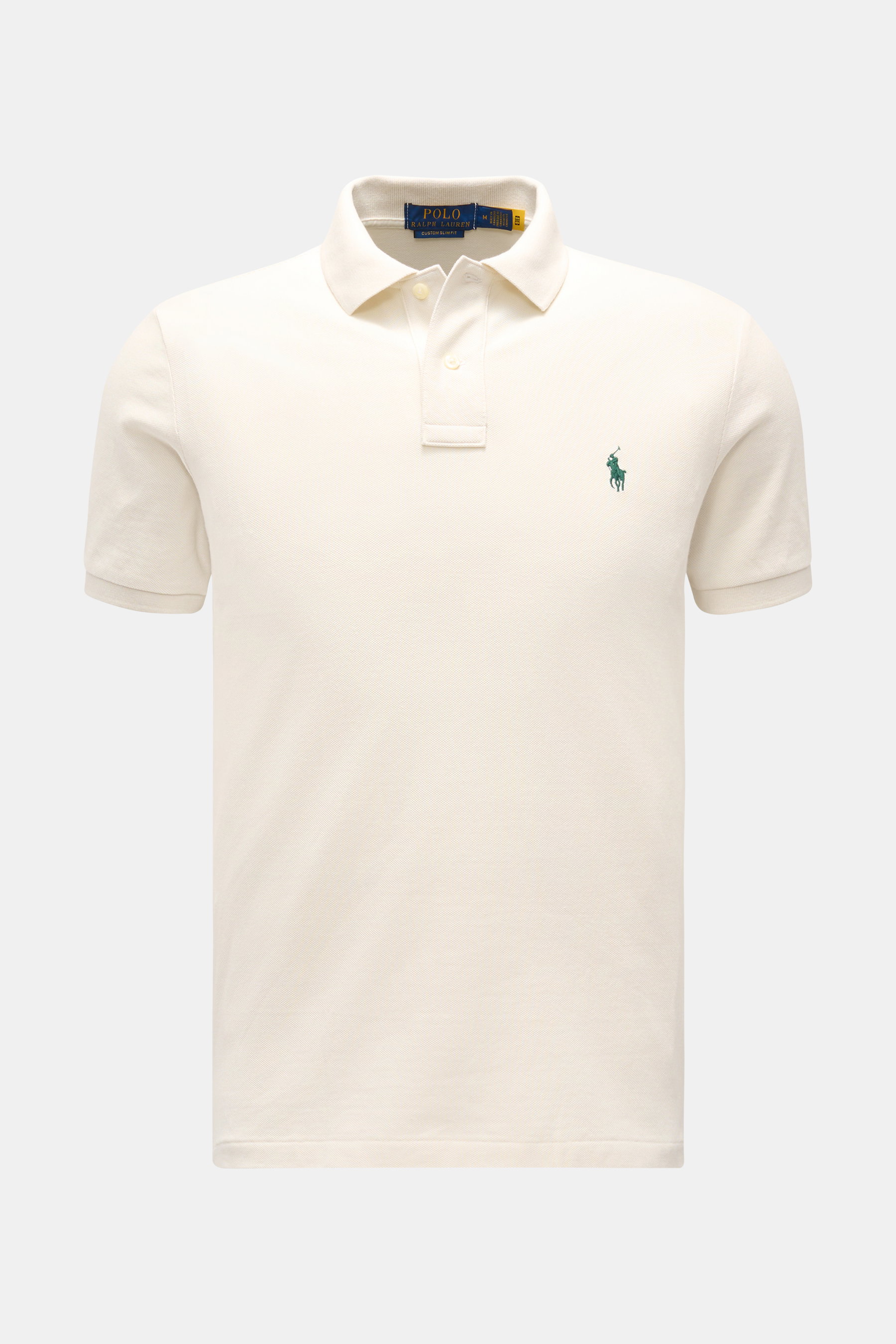 Vorderansicht des Polo Ralph Lauren Poloshirts creme, ikonisches Piqué-Modell aus reiner Baumwolle mit Poloreiter-Stitching, Slim Fit, Polokragen.