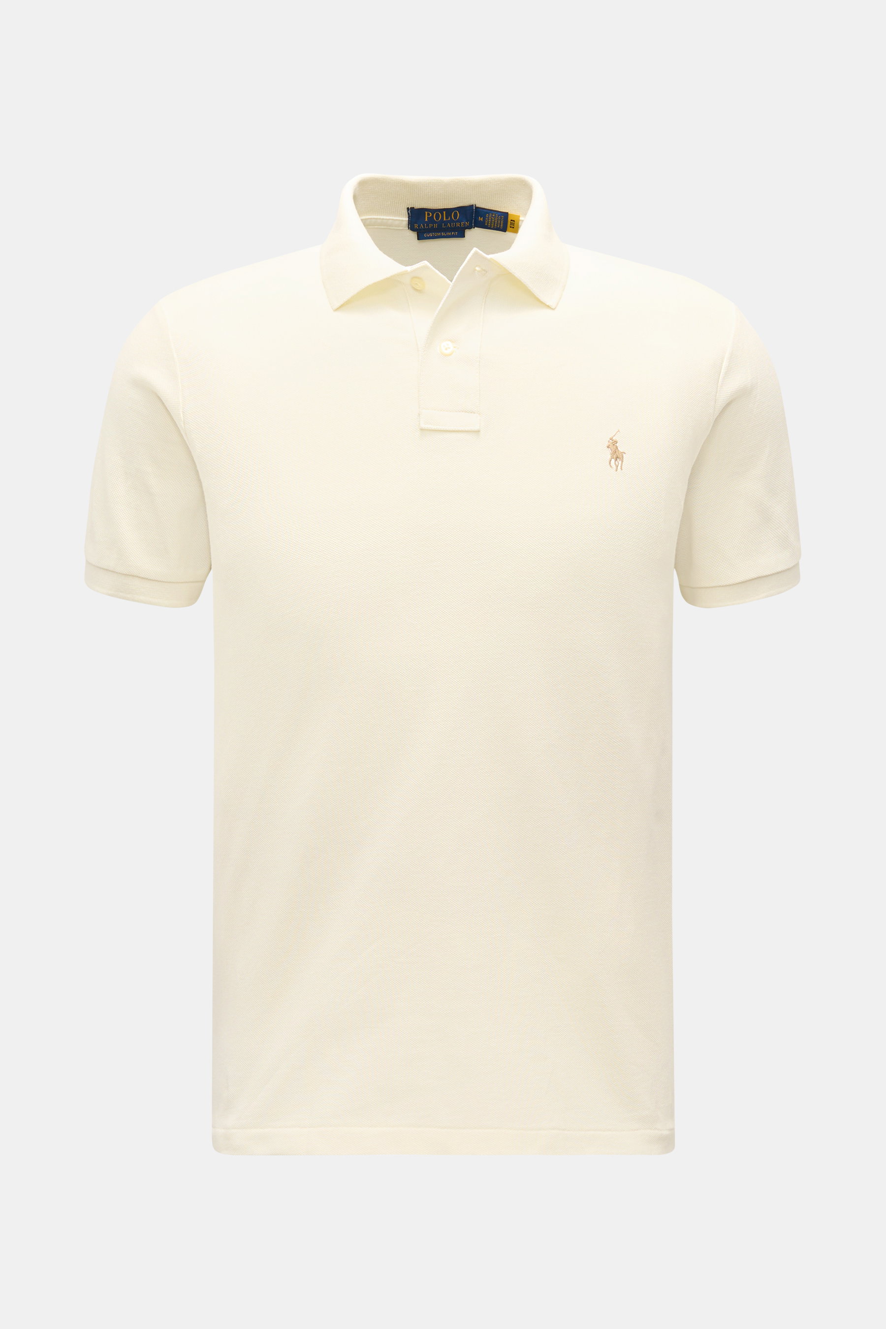 Polo Ralph Lauren Poloshirt pastellgelb, frontal fotografiert, Slim Fit, Piqué-Baumwolle, Polokragen, Zwei-Knopf-Leiste, Poloreiter-Stitching auf Brust.