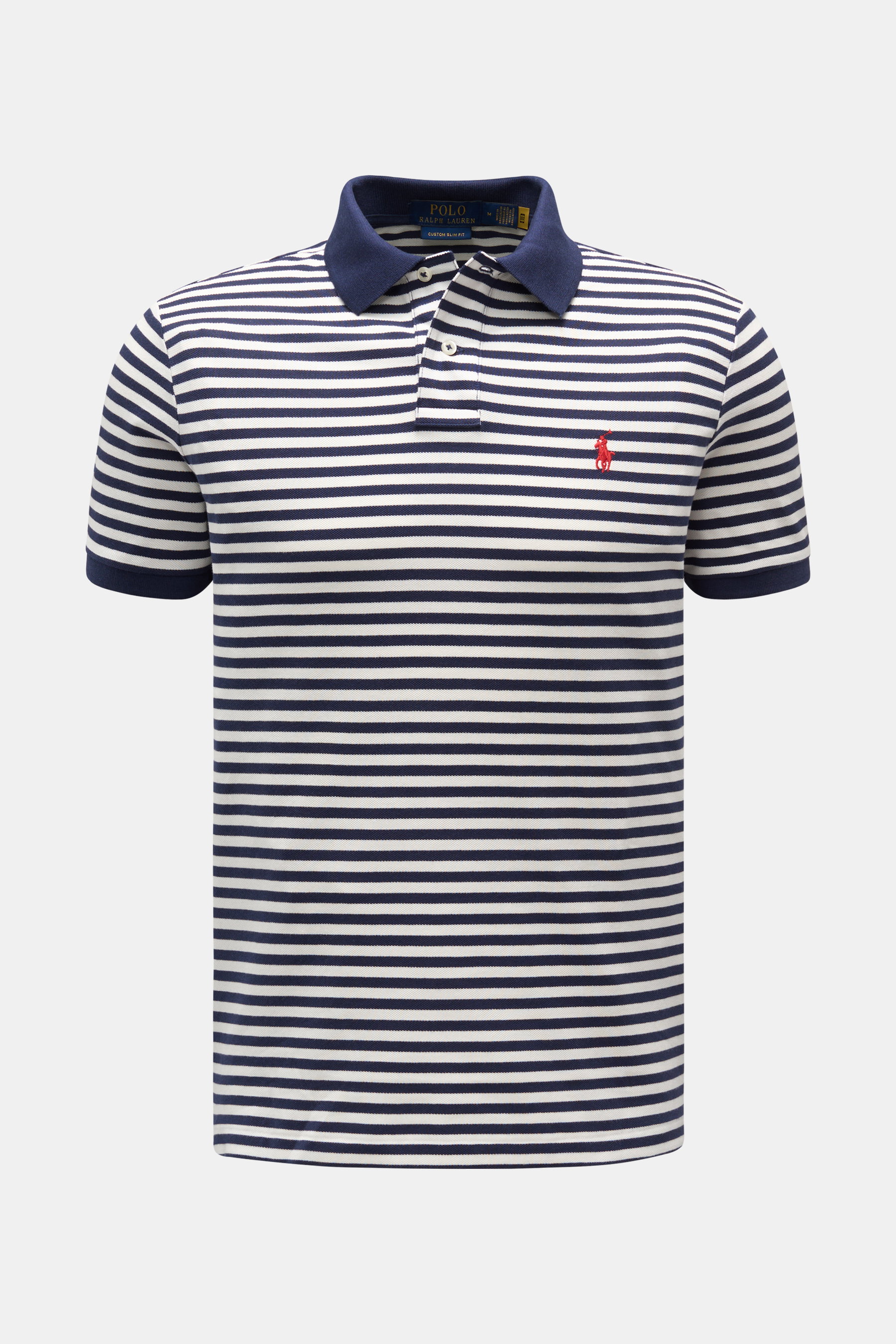 Vorderansicht des Polo Ralph Lauren Poloshirts weiß/navy gestreift aus Piqué-Baumwolle, Slim Fit, Polokragen, Logo-Stitching Brust.