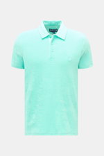 Vorderansicht des Vilebrequin Frottee-Poloshirt 'Phoenix' mint aus Baumwolle und Microfaser, Slim Fit, Polokragen, Drei-Knopf-Leiste, tonales Schildkröten-Stitching, kurze Saumschlitze, materialtypischer Griff.