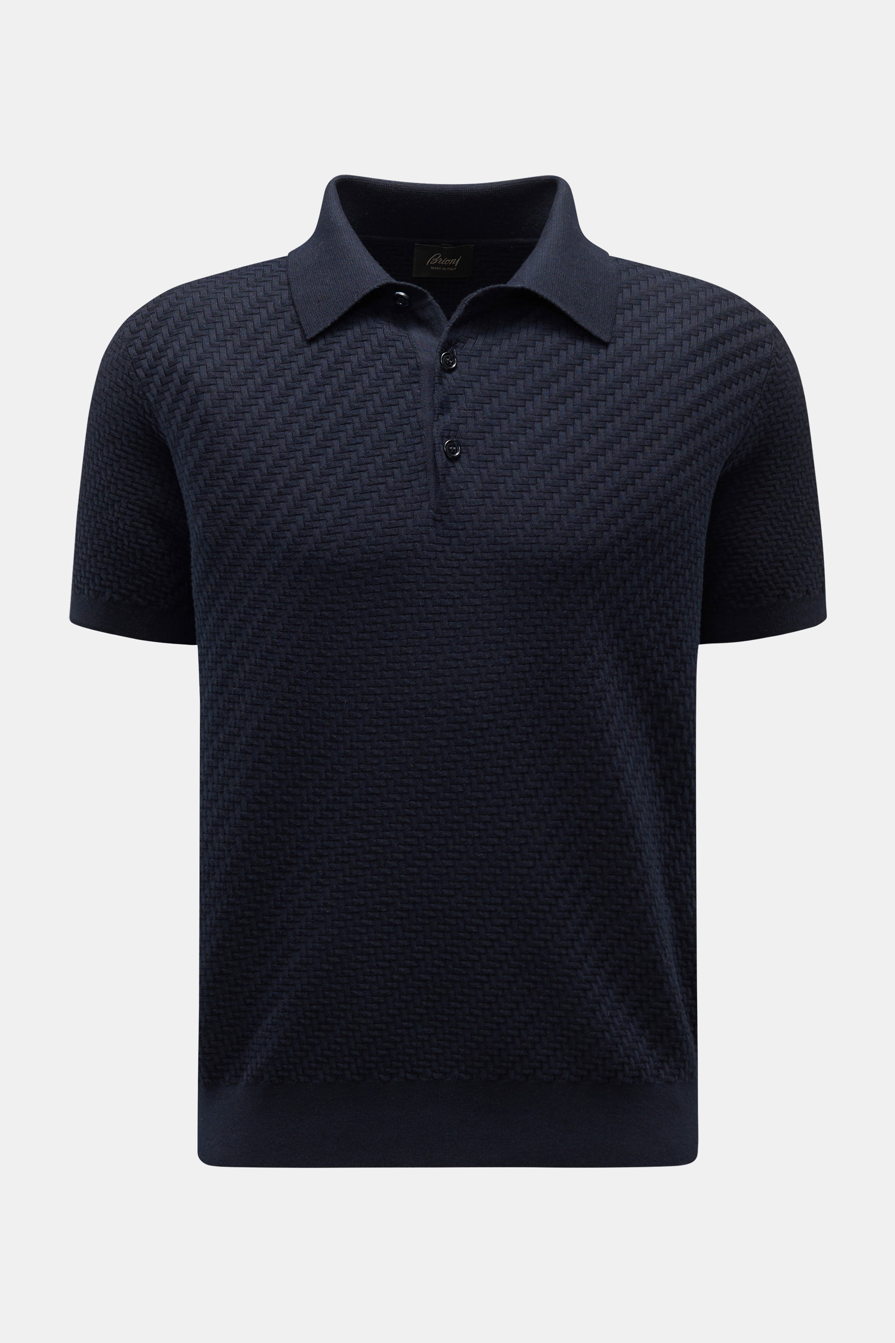 Front view of Brioni Short sleeve knit polo shirt navy in a textured intreccio pattern, featuring a regular fit, ribbed bands, and a three-button mother-of-pearl placket.

Description: <p>An expression of the art of modern knitwear: This short sleeve knit