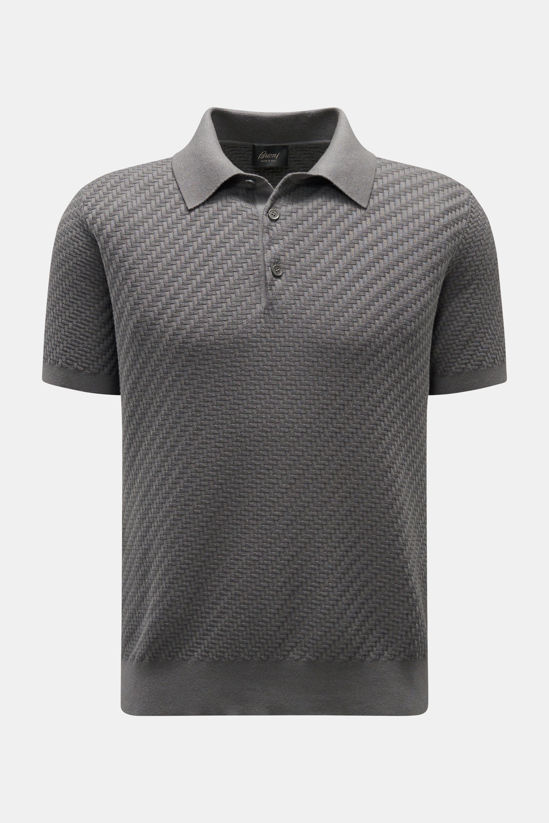Front view of Brioni Short sleeve knit polo dark grey with intricate braid pattern, regular fit, polo collar, and three mother-of-pearl buttons.

Description: <p>An expression of the art of modern knitwear: This short sleeve knit polo by BRIONI combines G