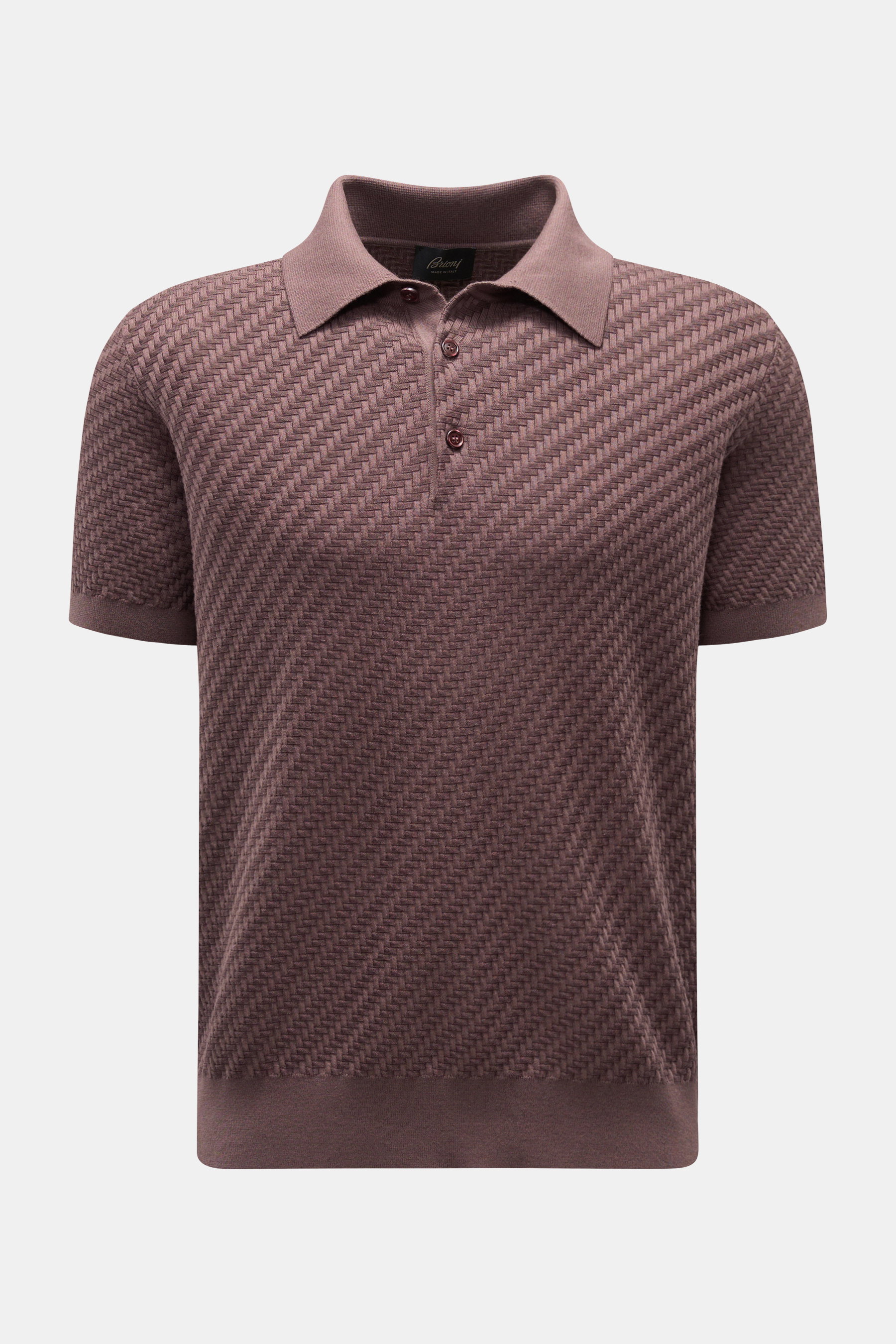 Brioni Short sleeve knit polo dark brown shown from the front, featuring a textured intreccio braid pattern, regular fit, and signature polo collar with a three-button mother-of-pearl placket. 

<p>An expression of the art of modern knitwear: This short s