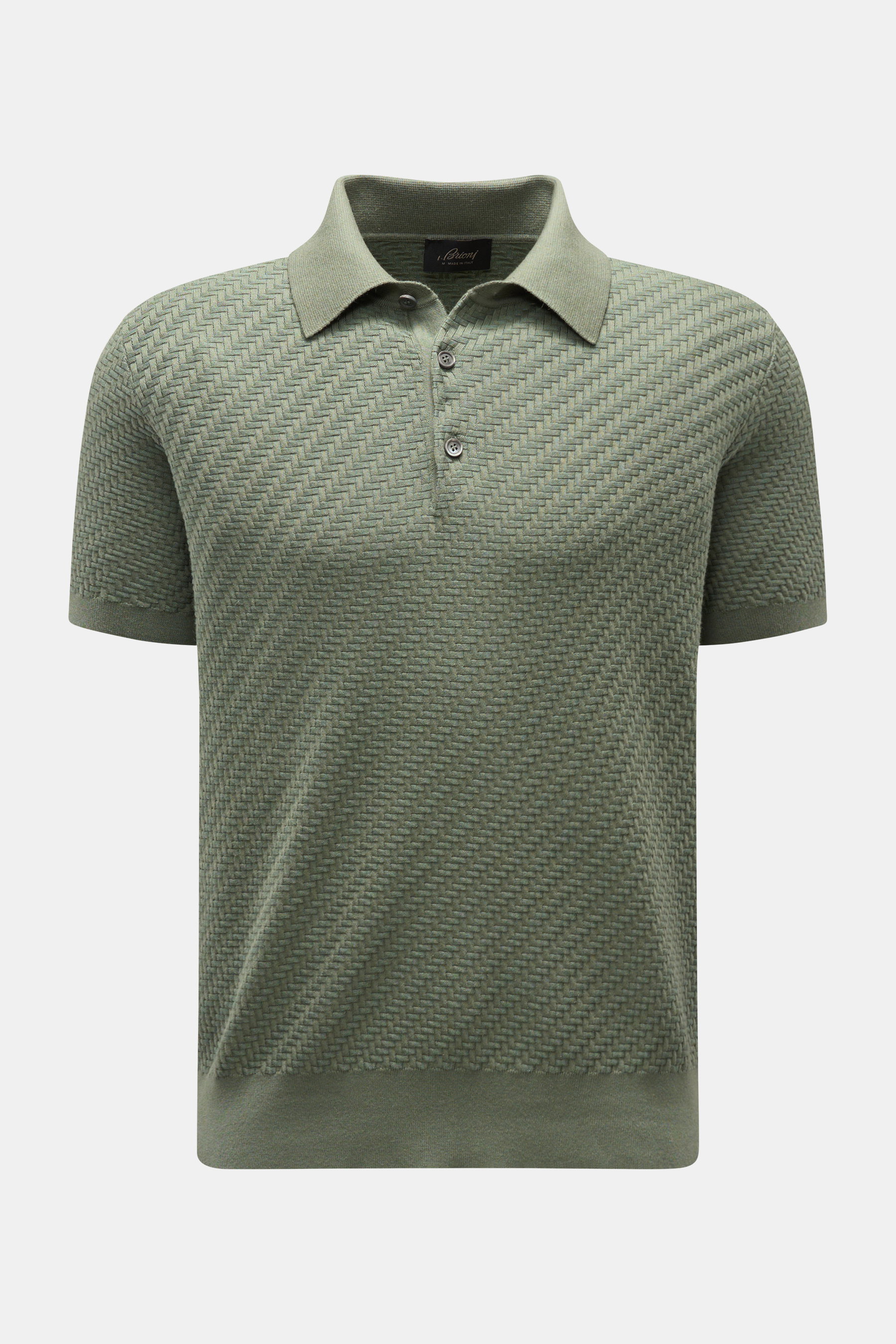 Front view of Brioni Short sleeve knit polo grey-green featuring an intricate braid pattern, regular fit, and three mother-of-pearl buttons.

<p>An expression of the art of modern knitwear: This short sleeve knit polo by BRIONI combines GOTS-certified cot