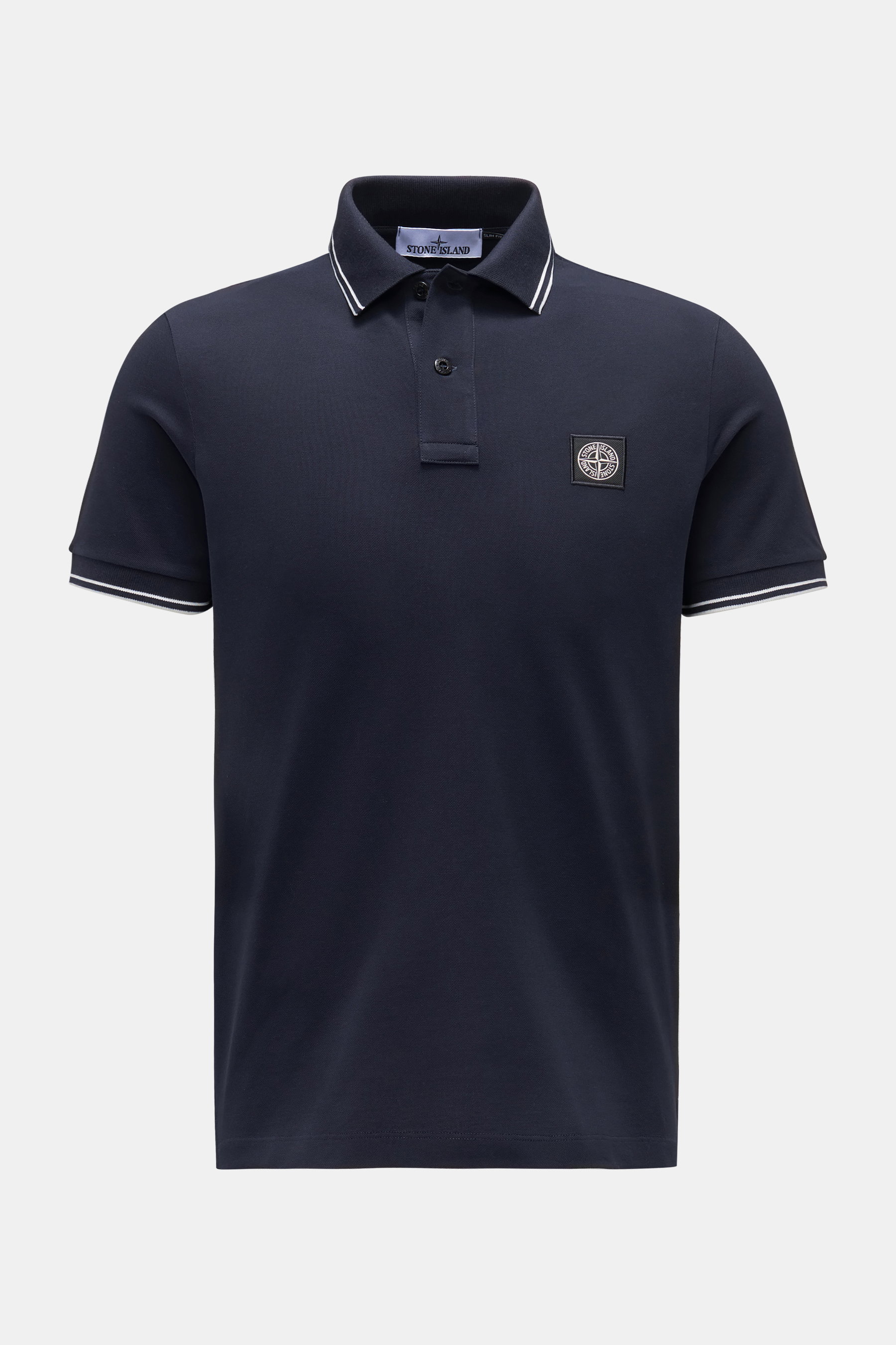 Stone Island Poloshirt navy, frontale Ansicht, elastisches Piqué-Baumwollshirt mit schmalen weißen Kontraststreifen, Slim Fit, Knopfleiste, Weblabel.