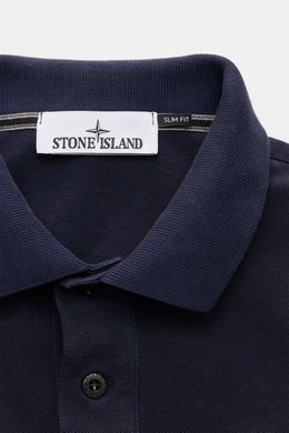 Stone Island Polo shirt navy shown from a close-up top front perspective, featuring a classic collar, two-button placket, slim fit, and fabric label.  
<p>The classic from STONE ISLAND: This sporty polo shirt in cotton piqué is a casual men’s wardrobe mus