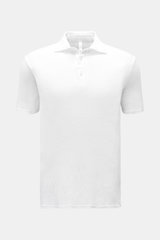 Weißes 04651/ A trip in a bag Leinen Jersey-Poloshirt Slim Fit in Frontansicht mit elastischem Leinen, Konfektionskragen und Drei-Knopf-Leiste.