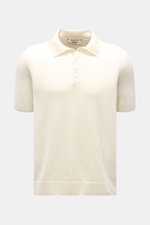 Fioroni Kurzarm-Strickpolo creme, frontale Nahaufnahme, Regular Fit, Leinen-Baumwoll-Mix, Polokragen, Drei-Knopf-Leiste, flexible Rippbündchen.
