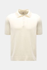 Fioroni Kurzarm-Strickpolo creme, frontale Nahaufnahme, Regular Fit, Leinen-Baumwoll-Mix, Polokragen, Drei-Knopf-Leiste, flexible Rippbündchen.