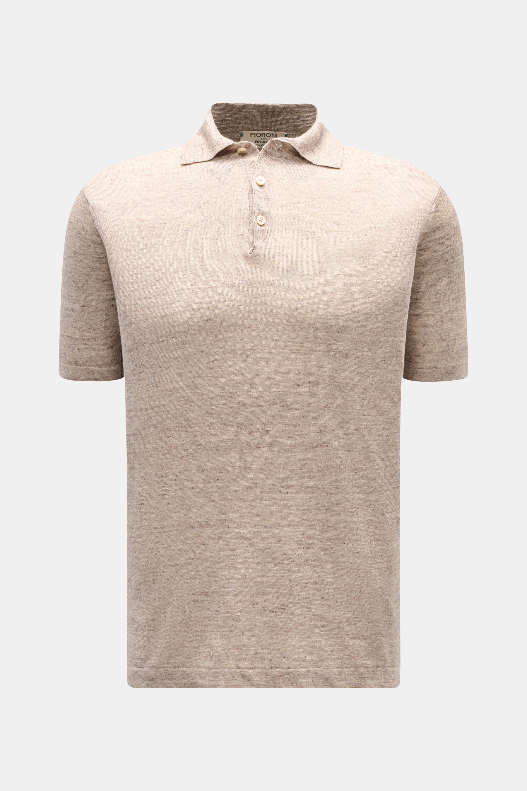 Front view of Fioroni Linen short sleeve knit polo beige/brown mottled with dress-shirt collar and three-button placket, slim fit.

<p>Summery lightness by FIORINI: This short sleeve knit polo embodies the best Italian quality and is made of pure linen to