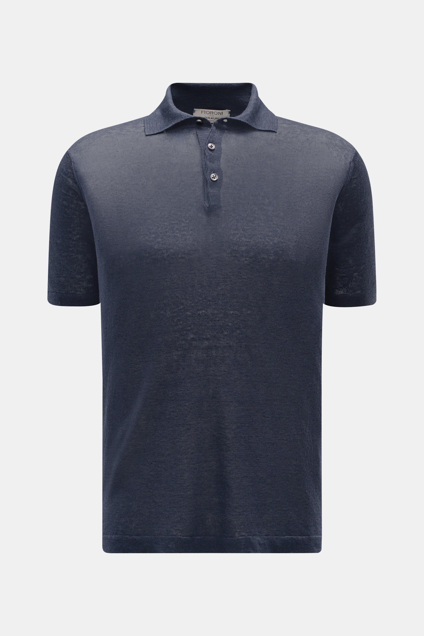 Front view of Fioroni Linen short sleeve knit polo navy mottled, slim fit with dress-shirt collar, three-button placket, made of pure linen.

Description: <p>Summery lightness by FIORINI: This short sleeve knit polo embodies the best Italian quality and i