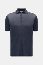 Fioroni Leinen Kurzarm-Strickpolo navy meliert, Slim Fit, feines Strickbild, konfektionierter Polokragen, Drei-Knopf-Leiste, Vorderansicht.