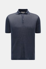 Fioroni Leinen Kurzarm-Strickpolo navy meliert, Slim Fit, feines Strickbild, konfektionierter Polokragen, Drei-Knopf-Leiste, Vorderansicht.