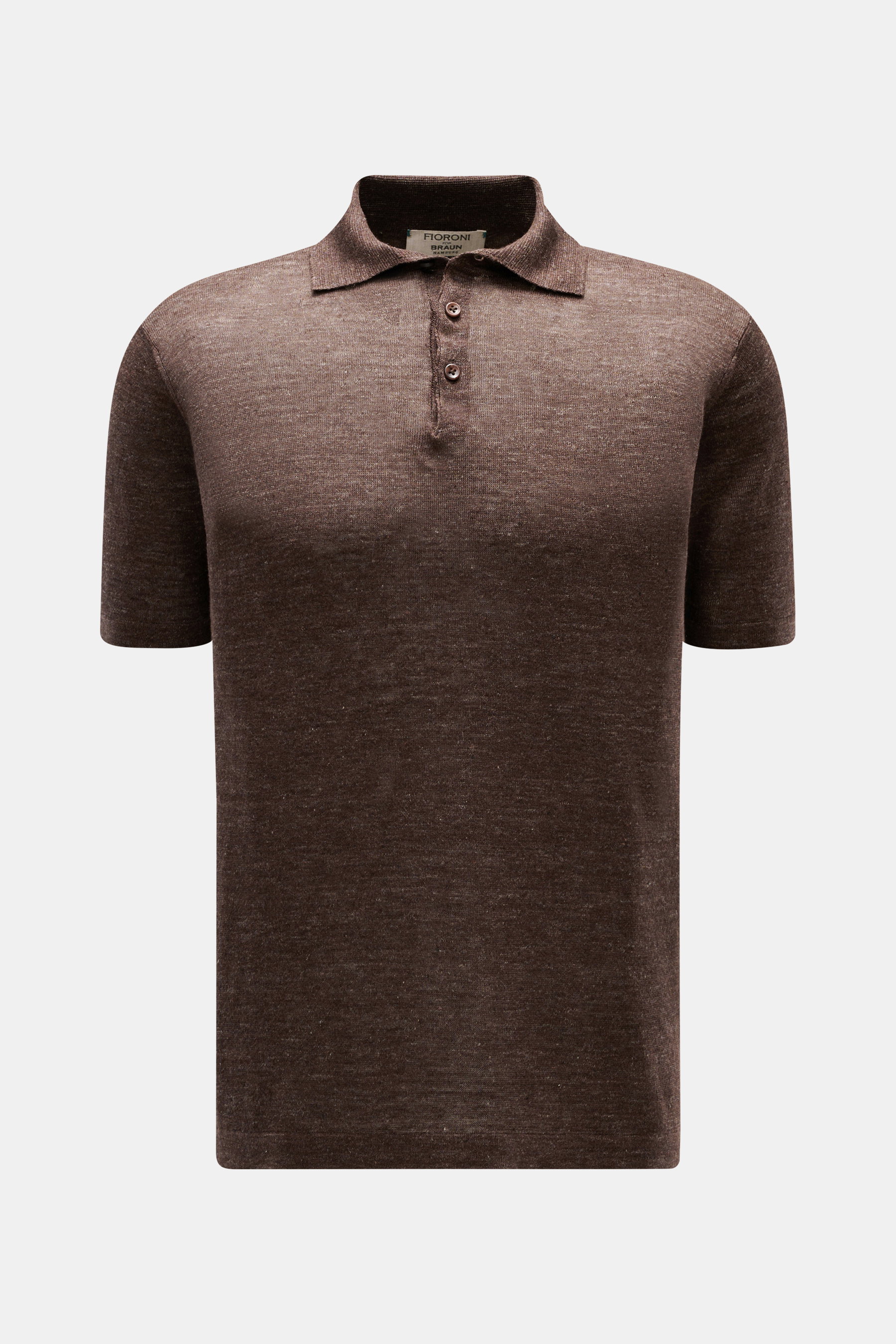 Front view of Fioroni Linen short sleeve knit polo shirt brown mottled, featuring a slim fit, dress-shirt collar, three-button placket, and narrow bands.

Description: <p>Summery lightness by FIORINI: This short sleeve knit polo embodies the best Italian 