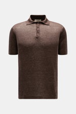 Fioroni Leinen Kurzarm-Strickpolo braun meliert, frontal fotografiert, Slim Fit, drei Knöpfe, konfektionierter Polokragen, reine Leinenqualität.