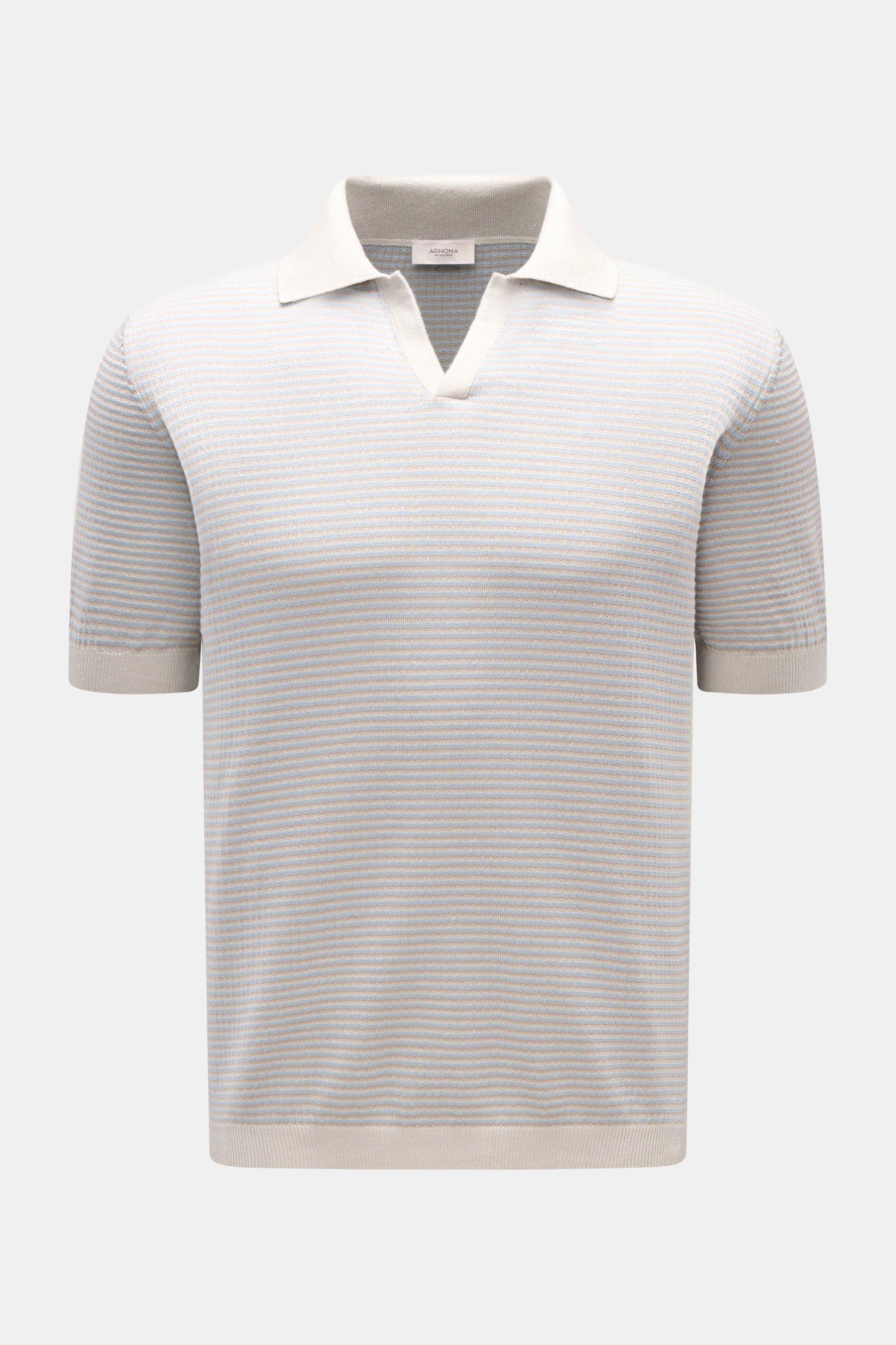 Agnona Kurzarm-Strickpolo hellgrau/beige/hellblau gestreift shown from the front, featuring a typical polo collar, open collar placket, and comfortable ribbed cuffs. Für lässige Sommeroutfits: Das Kurzarm-Strickpolo von AGNONA besticht mit unvergleichlich