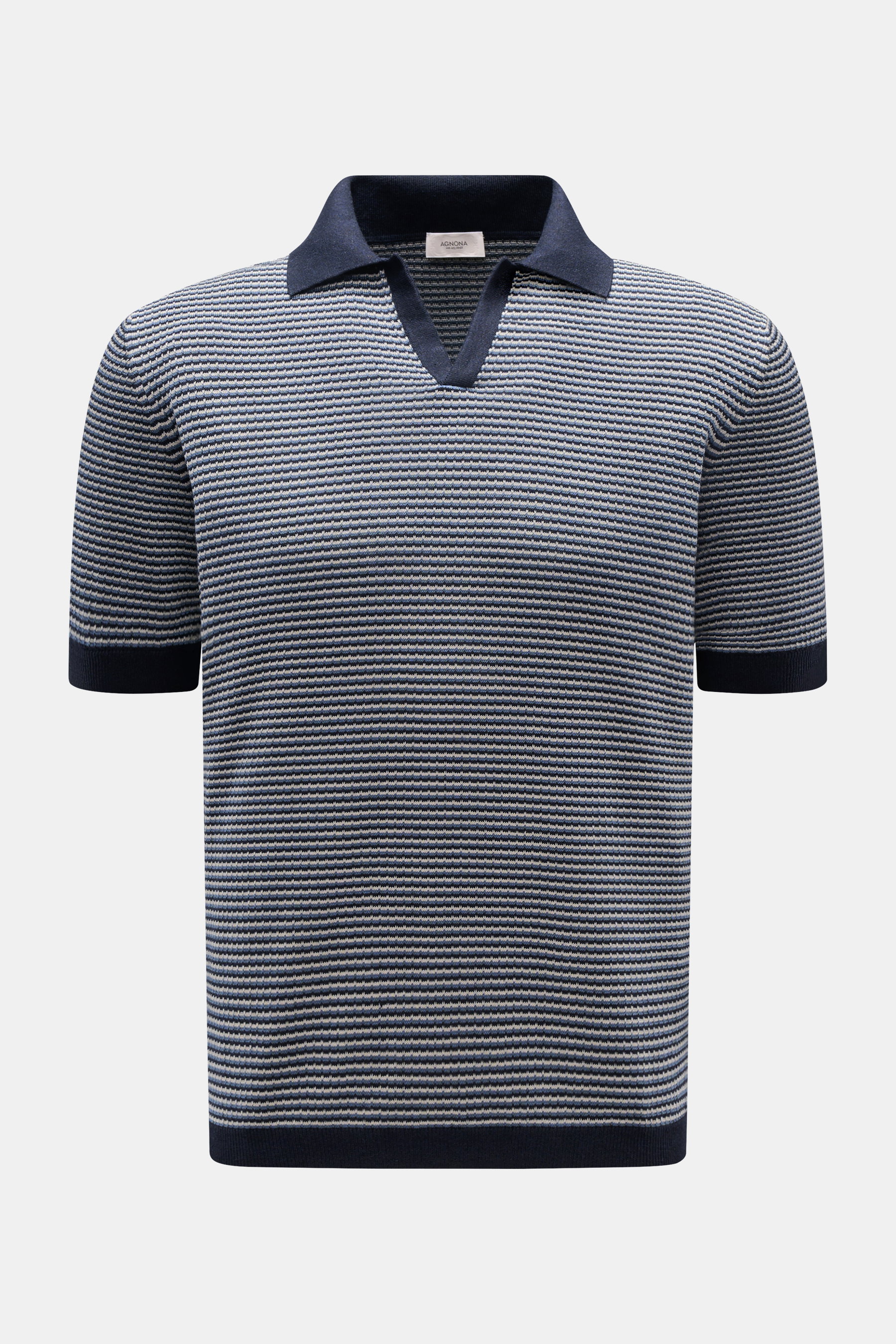 Agnona Kurzarm-Strickpolo navy/rauchblau/hellgrau gestreift, frontale Nahaufnahme, Regular Fit, Baumwolle-Leinen-Seide-Mix, feines Strukturstrick mit Polokragen und Rippbündchen.