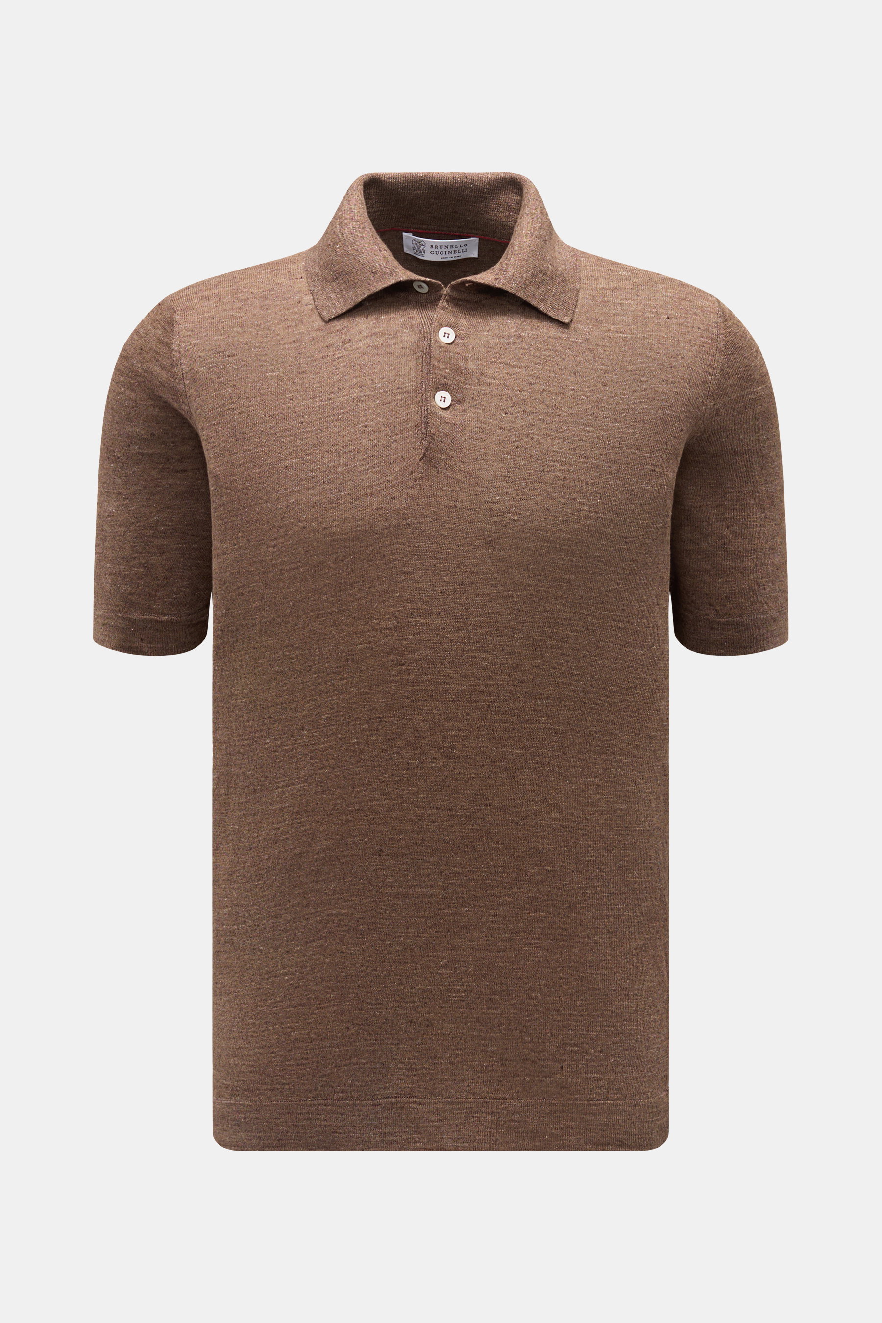Brunello Cucinelli Kurzarm-Strickpolo braun meliert, Slim Fit, aus Leinen-Baumwoll-Mix, feines Strickbild, Polokragen, Perlmuttknöpfe, frontal fotografiert.