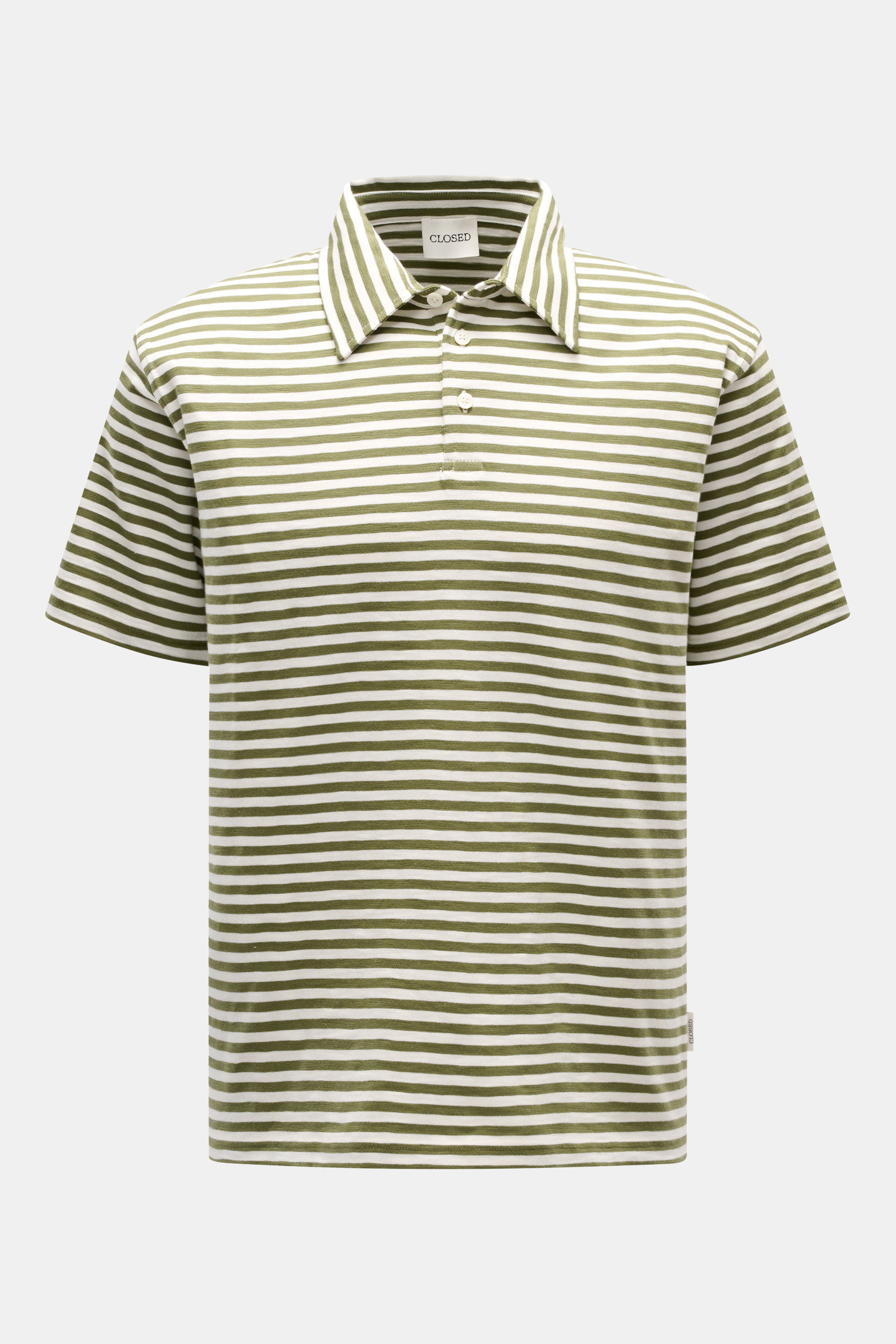 Front view of Closed Short sleeve knit polo green/cream striped with a slim fit, three-button placket, and signature collar in soft pure cotton.

<p>This CLOSED short sleeve knit polo is made from pure, soft cotton and is a sporty essential for the new se