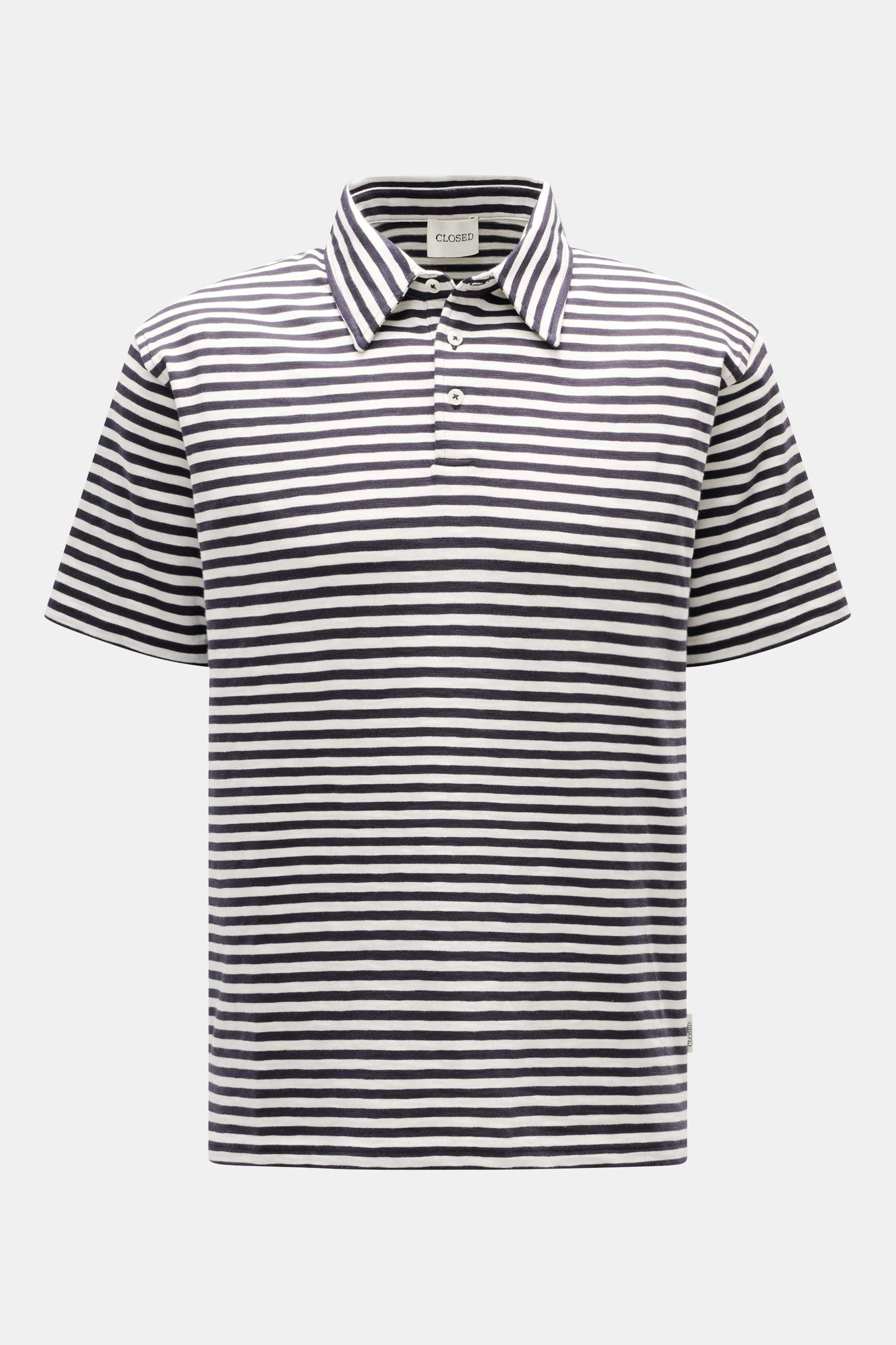 Front view of a Closed Short sleeve knit polo dark navy/cream striped, featuring a slim fit, signature collar, and three-button placket.

<p>This CLOSED short sleeve knit polo is made from pure, soft cotton and is a sporty essential for the new season.</p