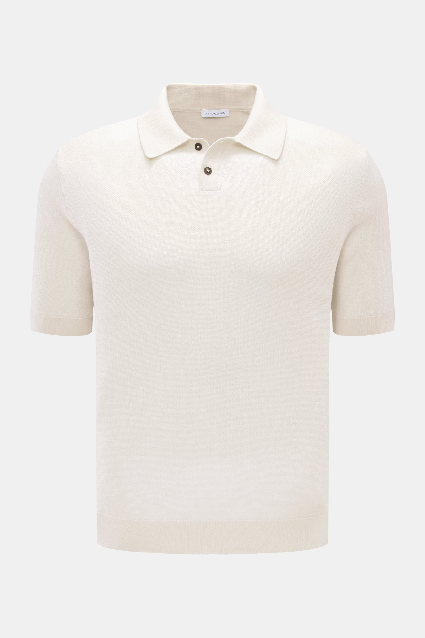 Iris von Arnim Kurzarm-Strickpolo 'Pavion' offwhite, frontale Nahaufnahme, exklusives Cashmere-Seide-Mix, weicher Griff, Regular Fit, klassischer Polokragen, Zwei-Knopf-Leiste.