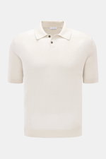 Front view of Iris von Arnim Kurzarm-Strickpolo 'Pavion' offwhite, a luxurious knit polo with a classic collar, two-button placket, soft cashmere-silk blend, regular fit, and short sleeves. <p>Luxuriöser Allrounder: Das edle Strickpolo von IRIS VON ARNIM 