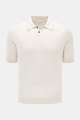 Front view of Iris von Arnim Kurzarm-Strickpolo 'Pavion' offwhite, a luxurious knit polo with a classic collar, two-button placket, soft cashmere-silk blend, regular fit, and short sleeves. <p>Luxuriöser Allrounder: Das edle Strickpolo von IRIS VON ARNIM 